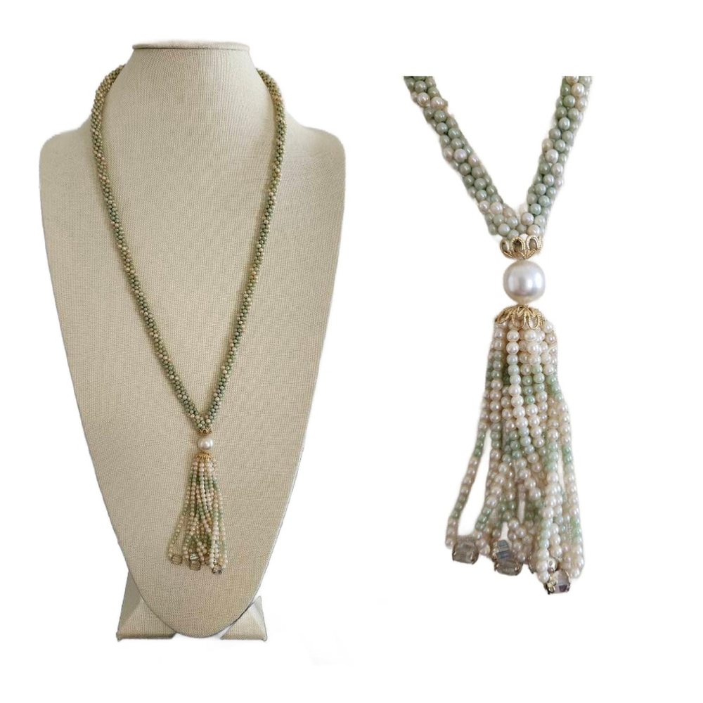 Vintage Faux Pearl Mint Green Bead Necklace With Tassel, 1950s